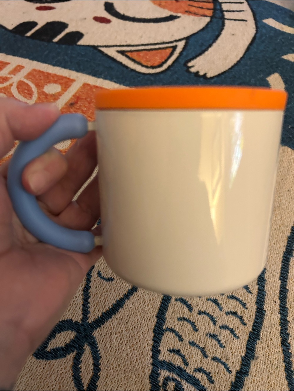 White Mug with Orange Lid and Light Blue Handle - Picture 2 of 10